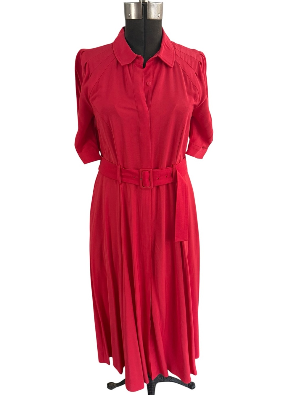 LOFT NWT Red Midi Shirt Dress Belted Fit & Flare Rayon Size 8